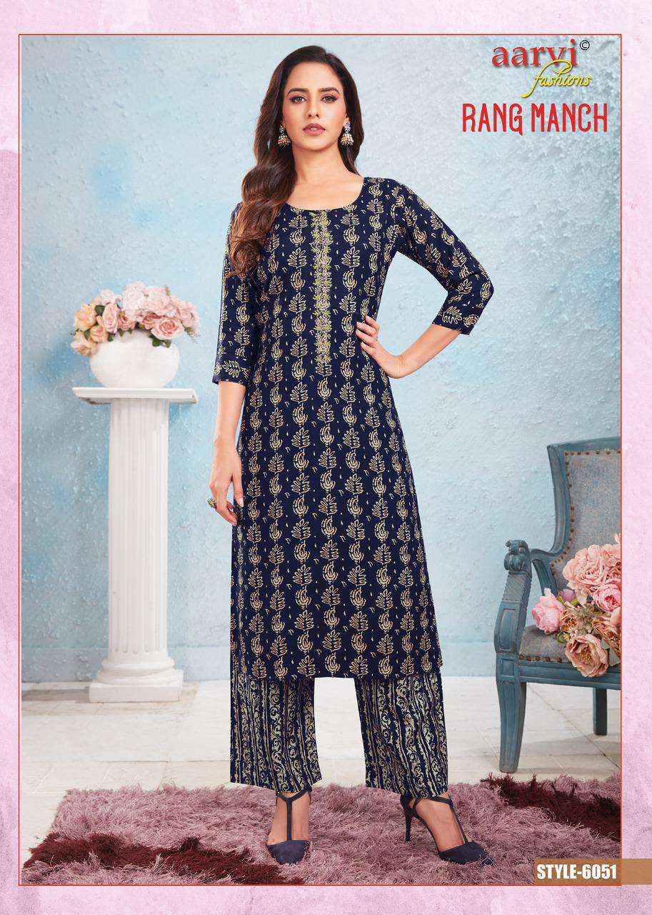 RANG MANCH BY AARVI FASHION 6051 TO 6055 SERIES DESIGNER STYLISH FANCY COLORFUL BEAUTIFUL PARTY WEAR & ETHNIC WEAR COLLECTION RAYON WITH WORK KURTIS WITH BOTTOM AT WHOLESALE PRICE