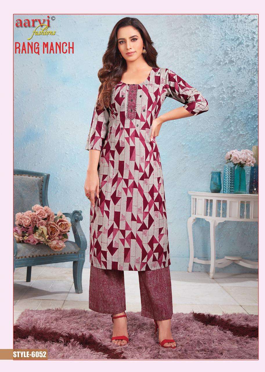 RANG MANCH BY AARVI FASHION 6051 TO 6055 SERIES DESIGNER STYLISH FANCY COLORFUL BEAUTIFUL PARTY WEAR & ETHNIC WEAR COLLECTION RAYON WITH WORK KURTIS WITH BOTTOM AT WHOLESALE PRICE