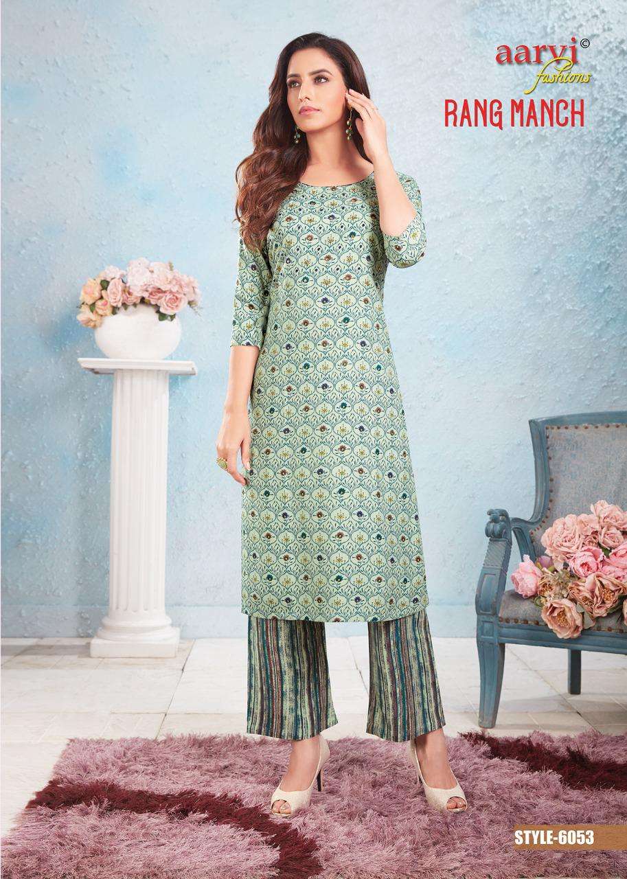 RANG MANCH BY AARVI FASHION 6051 TO 6055 SERIES DESIGNER STYLISH FANCY COLORFUL BEAUTIFUL PARTY WEAR & ETHNIC WEAR COLLECTION RAYON WITH WORK KURTIS WITH BOTTOM AT WHOLESALE PRICE