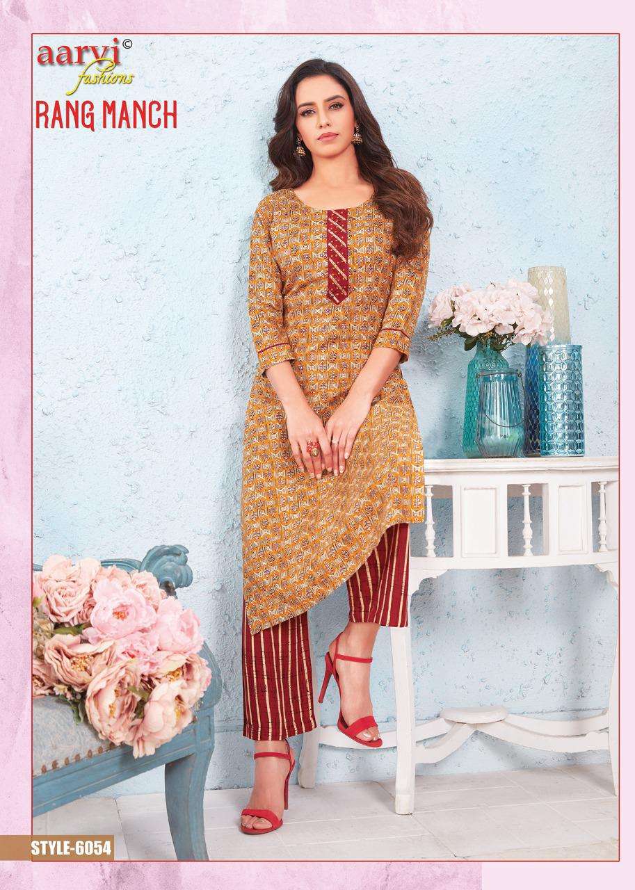 RANG MANCH BY AARVI FASHION 6051 TO 6055 SERIES DESIGNER STYLISH FANCY COLORFUL BEAUTIFUL PARTY WEAR & ETHNIC WEAR COLLECTION RAYON WITH WORK KURTIS WITH BOTTOM AT WHOLESALE PRICE