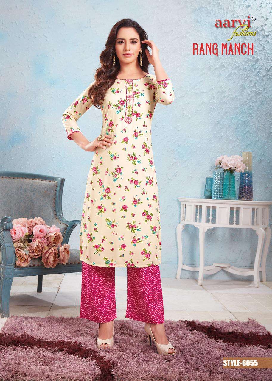 RANG MANCH BY AARVI FASHION 6051 TO 6055 SERIES DESIGNER STYLISH FANCY COLORFUL BEAUTIFUL PARTY WEAR & ETHNIC WEAR COLLECTION RAYON WITH WORK KURTIS WITH BOTTOM AT WHOLESALE PRICE