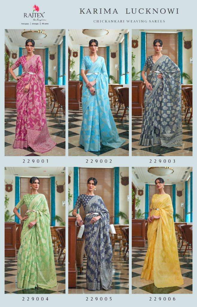 KARIMA LUCKNOWI BY RAJ TEX 229001 TO 229006 SERIES INDIAN TRADITIONAL WEAR COLLECTION BEAUTIFUL STYLISH FANCY COLORFUL PARTY WEAR & OCCASIONAL WEAR FANCY SAREES AT WHOLESALE PRICE