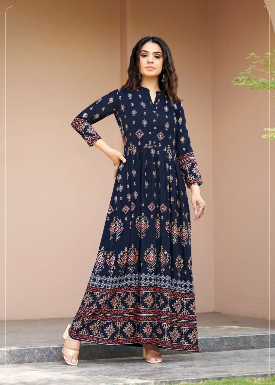 SEHNAAZ VOL-5 BY RANGJYOT FASHION 501 TO 508 SERIES BEAUTIFUL STYLISH FANCY COLORFUL CASUAL WEAR & ETHNIC WEAR RAYON GOWNS AT WHOLESALE PRICE