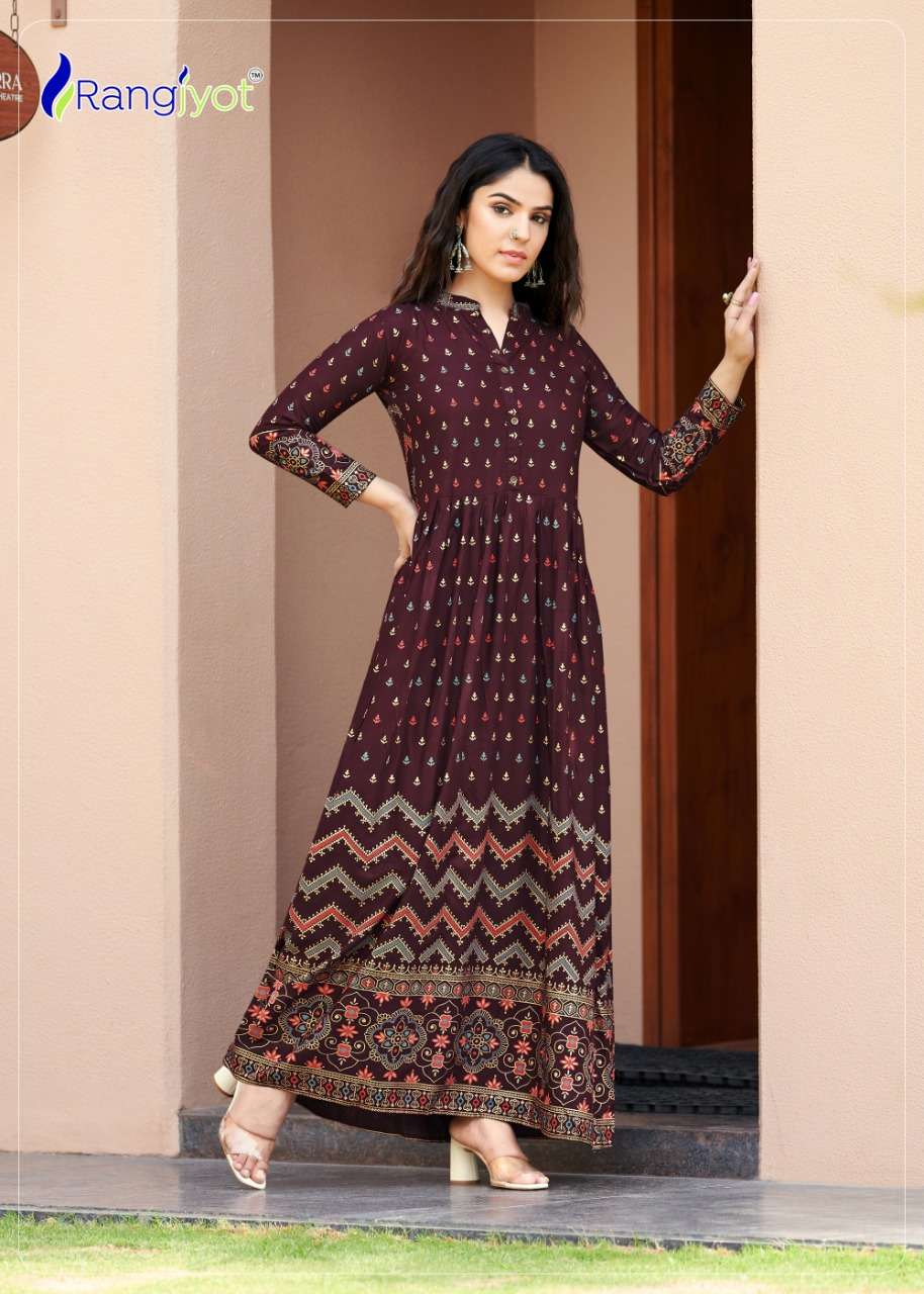 SEHNAAZ VOL-5 BY RANGJYOT FASHION 501 TO 508 SERIES BEAUTIFUL STYLISH FANCY COLORFUL CASUAL WEAR & ETHNIC WEAR RAYON GOWNS AT WHOLESALE PRICE