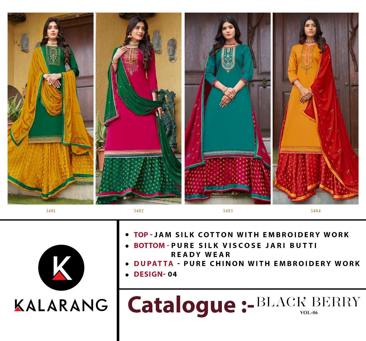 Black Berry Vol-6 By Kalarang 3481 To 3484 Series Designer Suits Collection Beautiful Stylish Colorful Fancy Party Wear & Occasional Wear Jam Silk Cotton With Embroidery Dresses At Wholesale Price