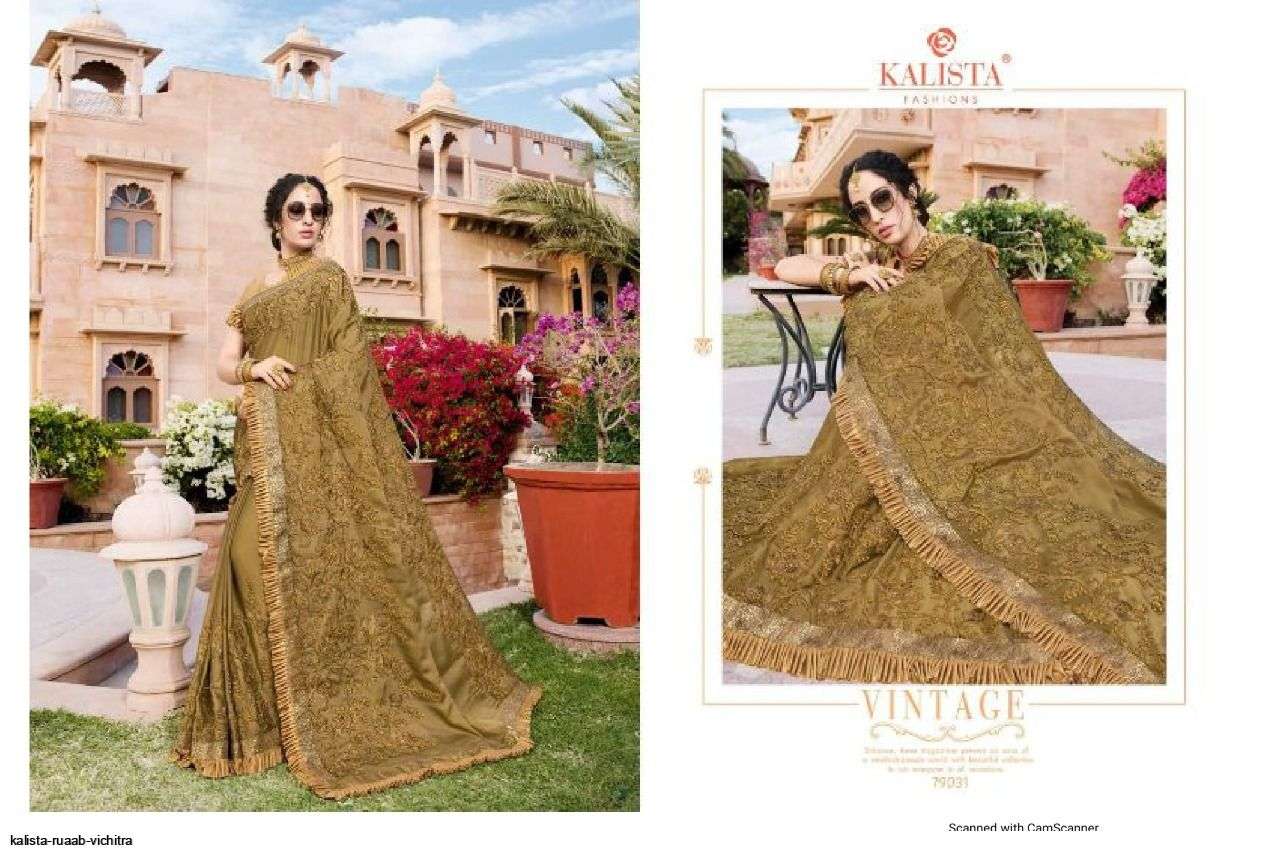 RUAAB VOL-4 BY KALISTA FASHION 79025 TO 79032 SERIES INDIAN TRADITIONAL WEAR COLLECTION BEAUTIFUL STYLISH FANCY COLORFUL PARTY WEAR & OCCASIONAL WEAR VICHITRA SAREES AT WHOLESALE PRICE