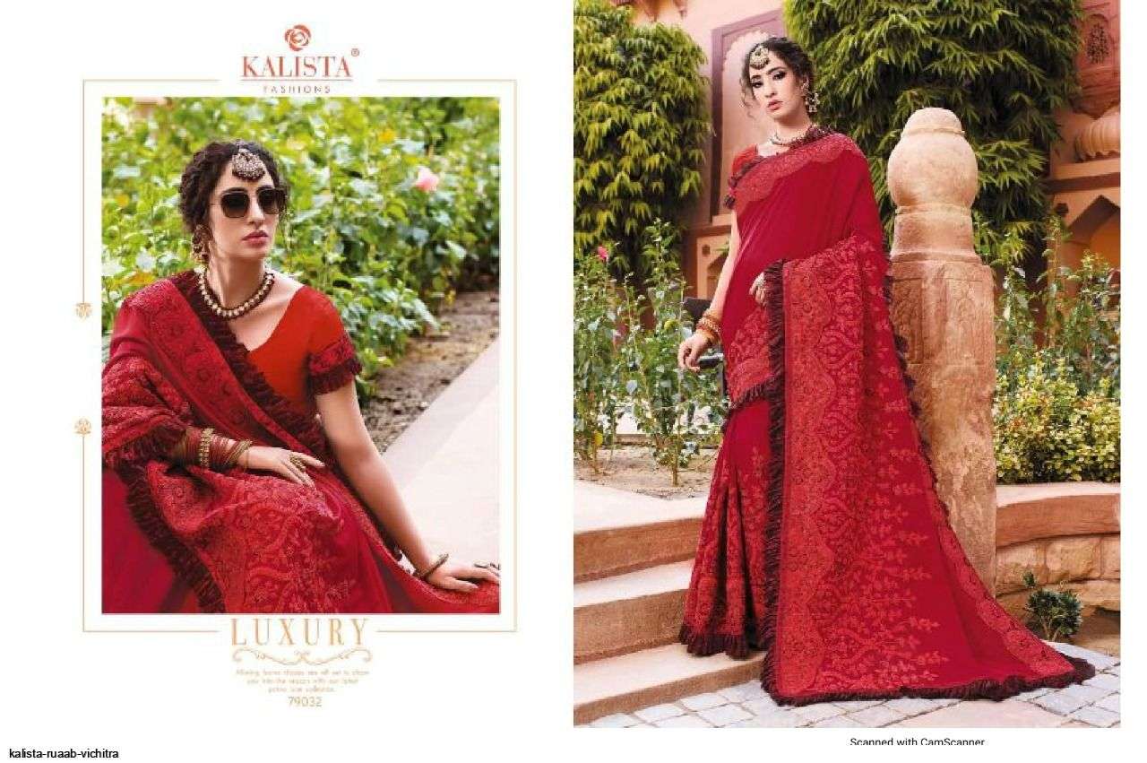 RUAAB VOL-4 BY KALISTA FASHION 79025 TO 79032 SERIES INDIAN TRADITIONAL WEAR COLLECTION BEAUTIFUL STYLISH FANCY COLORFUL PARTY WEAR & OCCASIONAL WEAR VICHITRA SAREES AT WHOLESALE PRICE