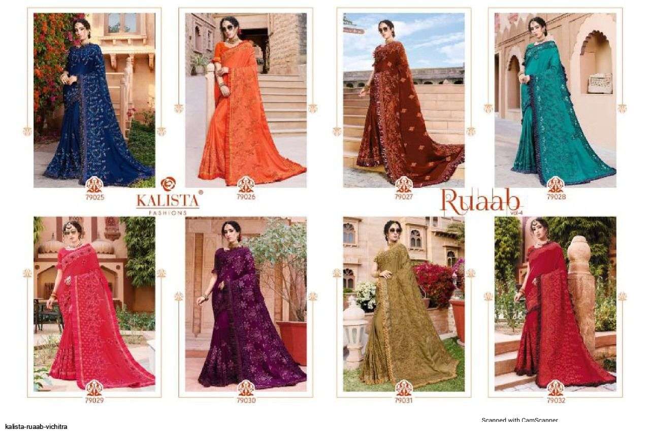 RUAAB VOL-4 BY KALISTA FASHION 79025 TO 79032 SERIES INDIAN TRADITIONAL WEAR COLLECTION BEAUTIFUL STYLISH FANCY COLORFUL PARTY WEAR & OCCASIONAL WEAR VICHITRA SAREES AT WHOLESALE PRICE