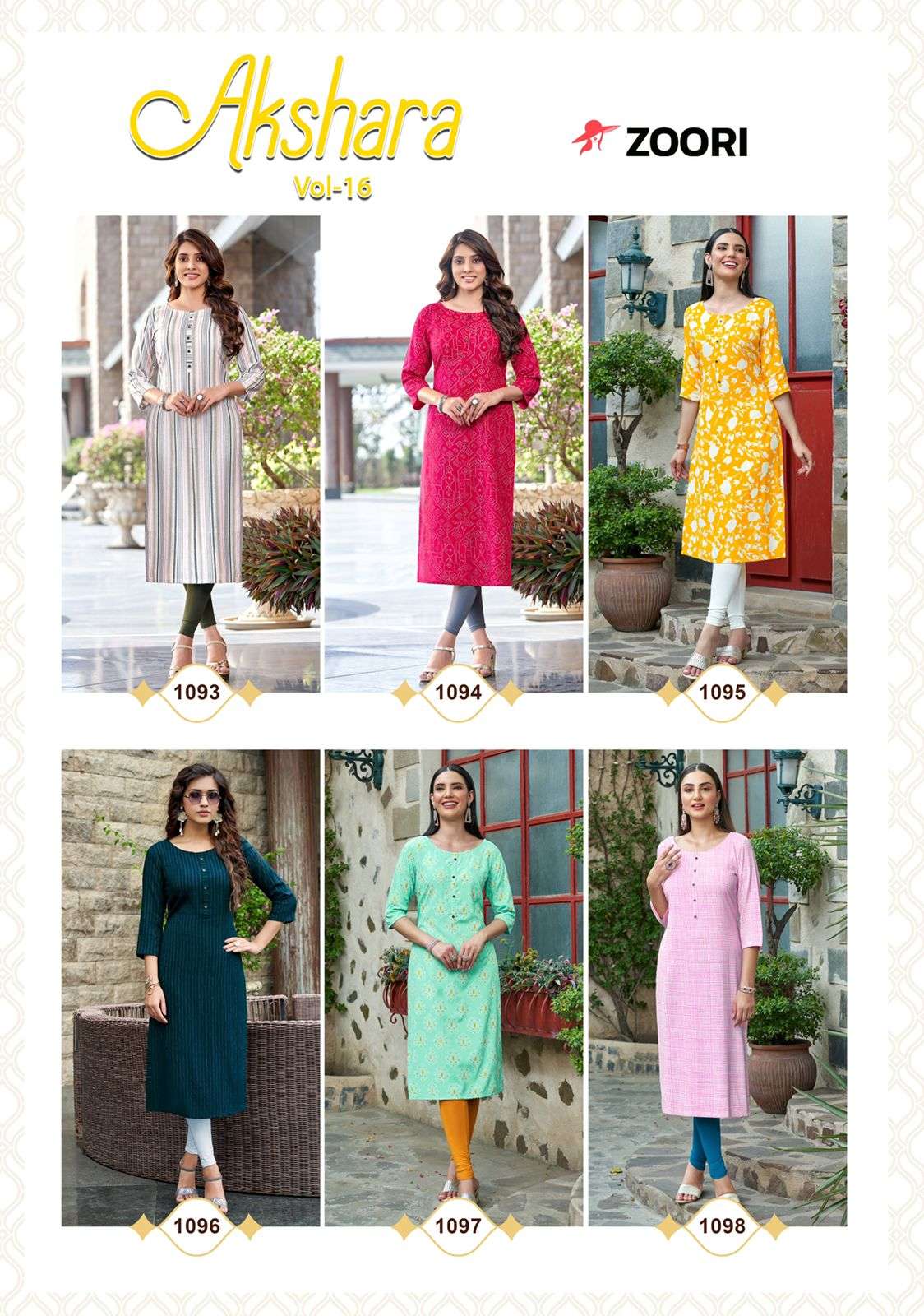 AKSHARA VOL-16 BY ZOORI 1093 TO 1098 SERIES DESIGNER STYLISH FANCY COLORFUL BEAUTIFUL PARTY WEAR & ETHNIC WEAR COLLECTION RAYON PRINT KURTIS AT WHOLESALE PRICE
