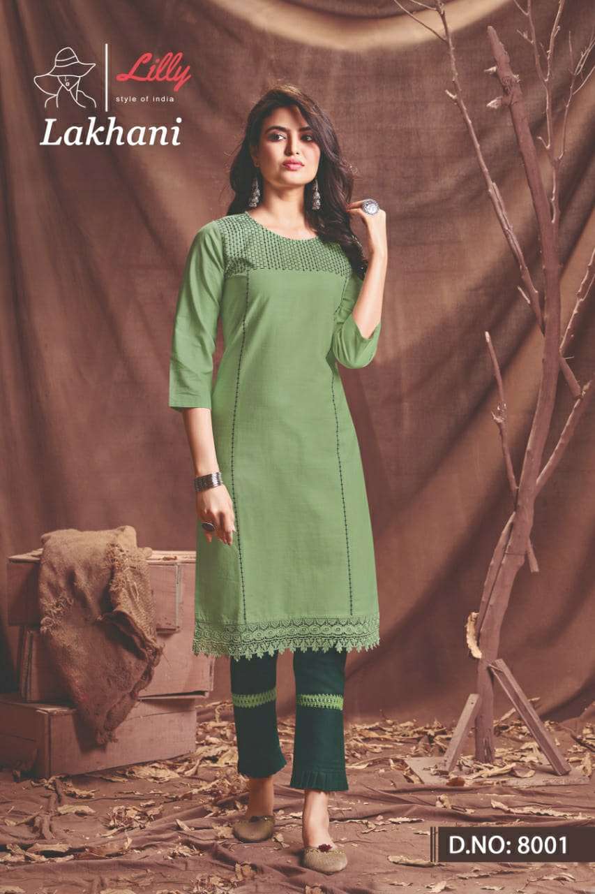 LAKHANI BY LILLY 8001 TO 8006 SERIES DESIGNER STYLISH FANCY COLORFUL BEAUTIFUL PARTY WEAR & ETHNIC WEAR COLLECTION COTTON EMBROIDERED KURTIS WITH BOTTOM AT WHOLESALE PRICE