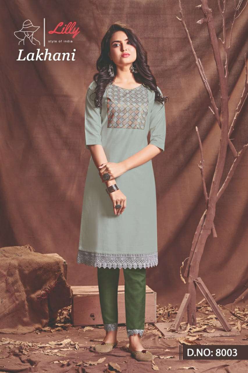 LAKHANI BY LILLY 8001 TO 8006 SERIES DESIGNER STYLISH FANCY COLORFUL BEAUTIFUL PARTY WEAR & ETHNIC WEAR COLLECTION COTTON EMBROIDERED KURTIS WITH BOTTOM AT WHOLESALE PRICE
