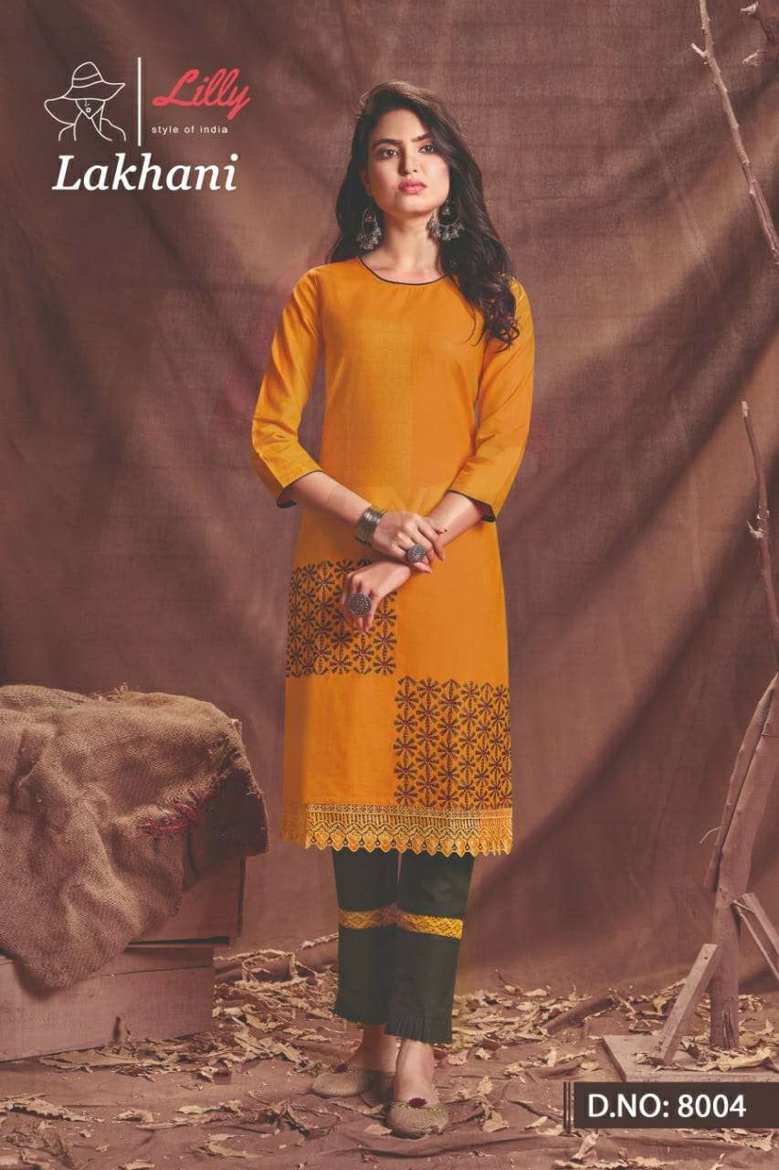 LAKHANI BY LILLY 8001 TO 8006 SERIES DESIGNER STYLISH FANCY COLORFUL BEAUTIFUL PARTY WEAR & ETHNIC WEAR COLLECTION COTTON EMBROIDERED KURTIS WITH BOTTOM AT WHOLESALE PRICE