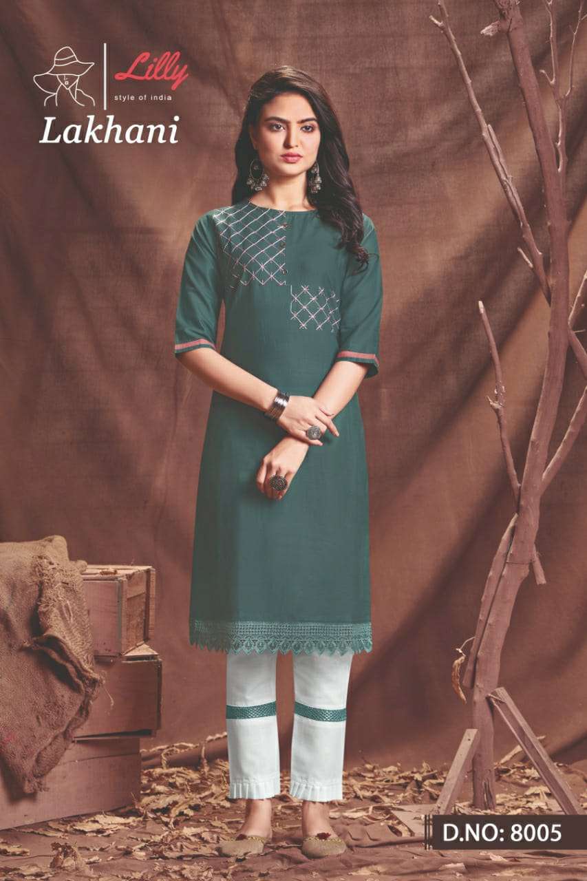 LAKHANI BY LILLY 8001 TO 8006 SERIES DESIGNER STYLISH FANCY COLORFUL BEAUTIFUL PARTY WEAR & ETHNIC WEAR COLLECTION COTTON EMBROIDERED KURTIS WITH BOTTOM AT WHOLESALE PRICE
