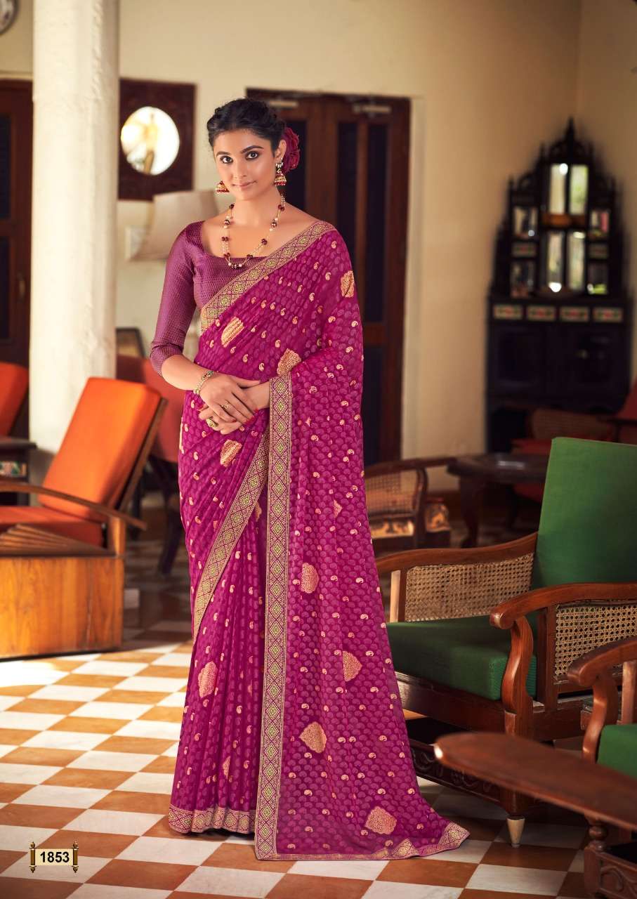 RAVINA BY KASHVI CREATION 1851 TO 1860 SERIES INDIAN TRADITIONAL WEAR COLLECTION BEAUTIFUL STYLISH FANCY COLORFUL PARTY WEAR & OCCASIONAL WEAR CHIFFON BRASSO SAREES AT WHOLESALE PRICE
