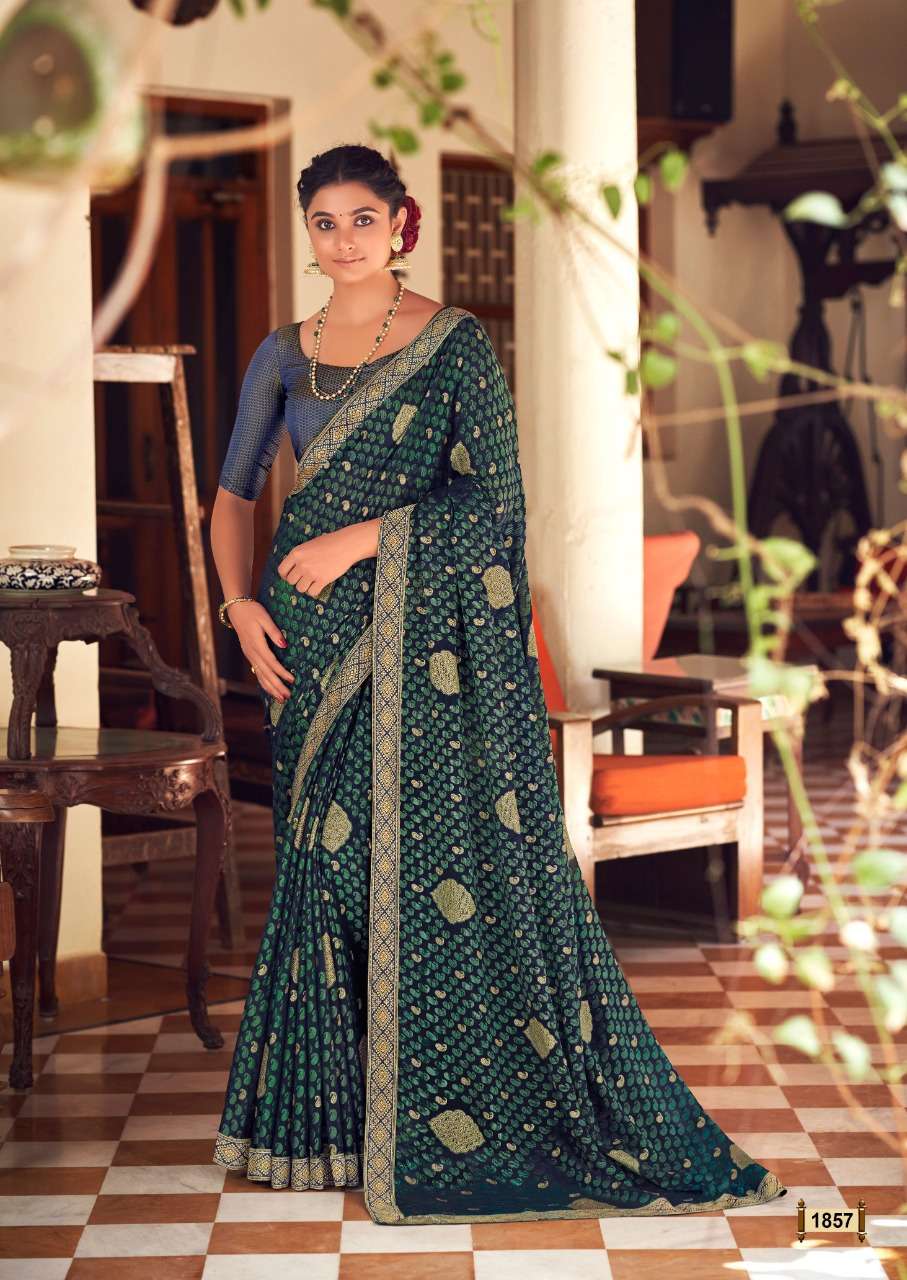 RAVINA BY KASHVI CREATION 1851 TO 1860 SERIES INDIAN TRADITIONAL WEAR COLLECTION BEAUTIFUL STYLISH FANCY COLORFUL PARTY WEAR & OCCASIONAL WEAR CHIFFON BRASSO SAREES AT WHOLESALE PRICE