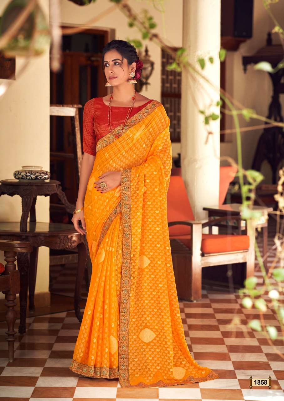 RAVINA BY KASHVI CREATION 1851 TO 1860 SERIES INDIAN TRADITIONAL WEAR COLLECTION BEAUTIFUL STYLISH FANCY COLORFUL PARTY WEAR & OCCASIONAL WEAR CHIFFON BRASSO SAREES AT WHOLESALE PRICE