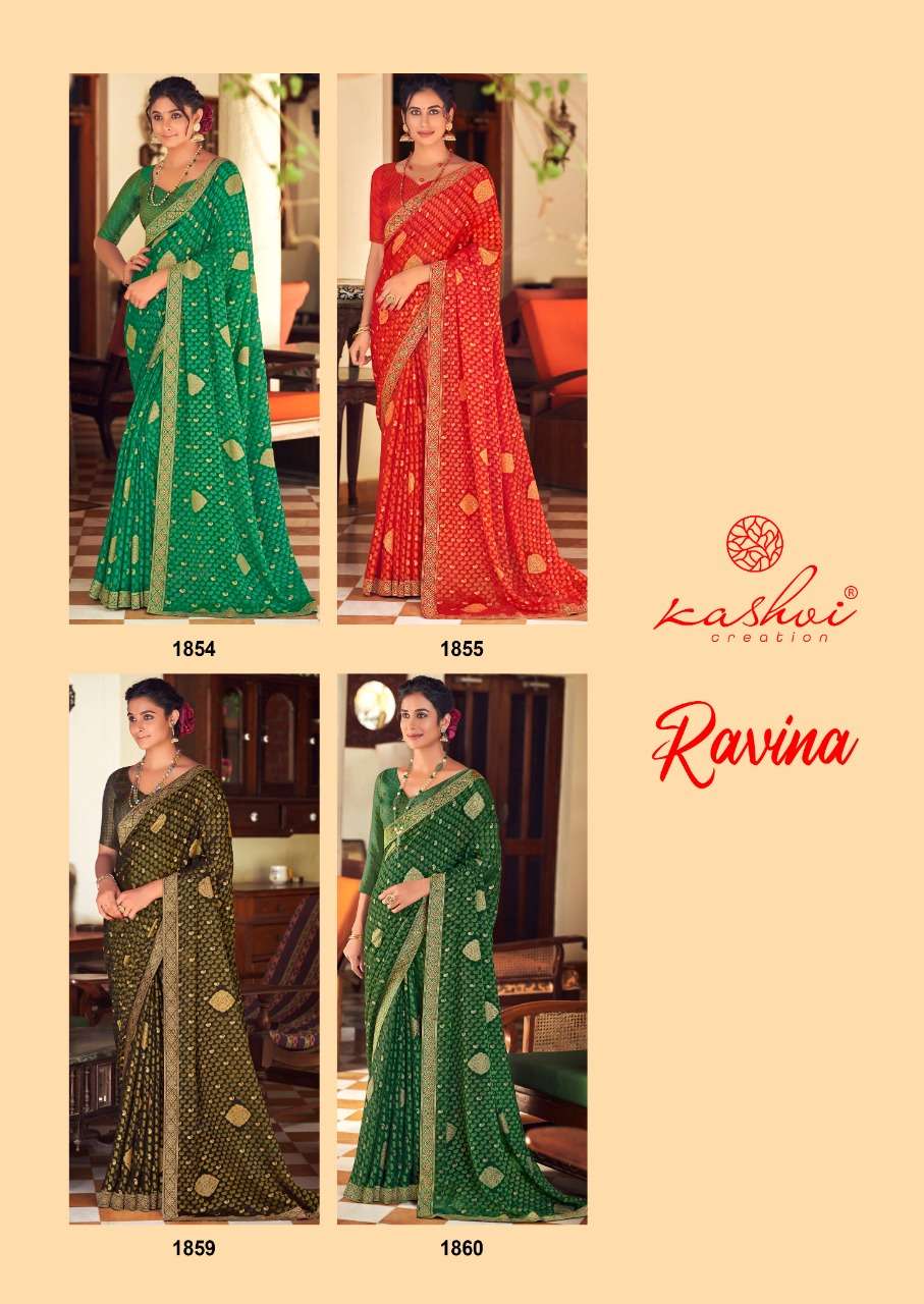 RAVINA BY KASHVI CREATION 1851 TO 1860 SERIES INDIAN TRADITIONAL WEAR COLLECTION BEAUTIFUL STYLISH FANCY COLORFUL PARTY WEAR & OCCASIONAL WEAR CHIFFON BRASSO SAREES AT WHOLESALE PRICE