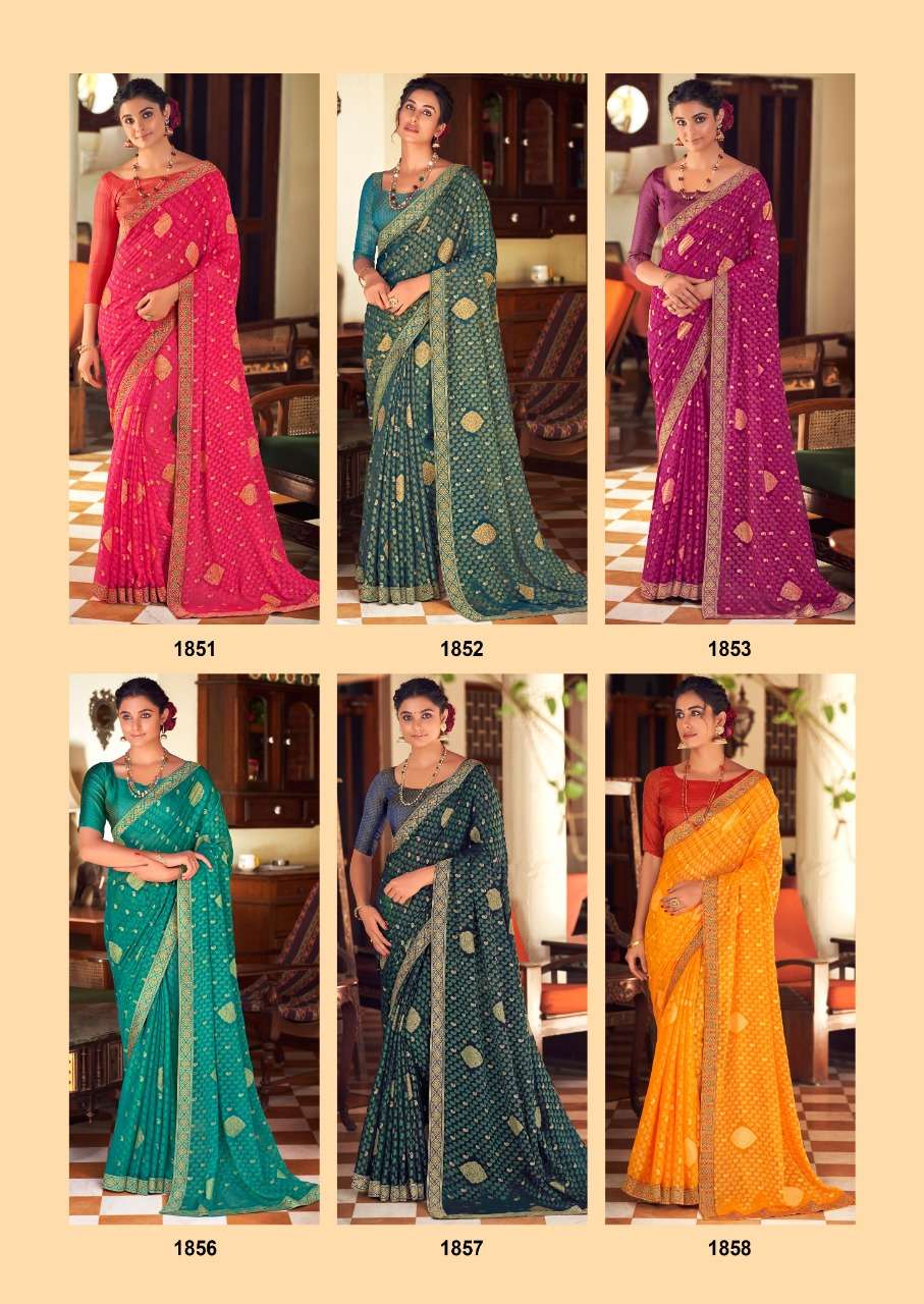 RAVINA BY KASHVI CREATION 1851 TO 1860 SERIES INDIAN TRADITIONAL WEAR COLLECTION BEAUTIFUL STYLISH FANCY COLORFUL PARTY WEAR & OCCASIONAL WEAR CHIFFON BRASSO SAREES AT WHOLESALE PRICE