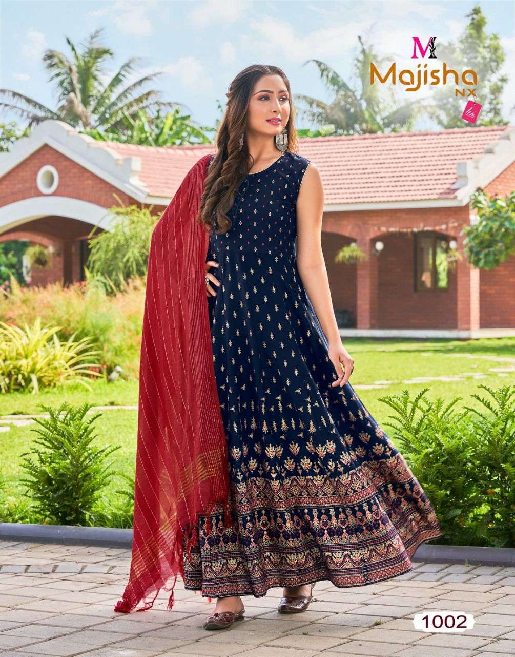 PANKH VOL-2 BY MAJISHA NX 1001 TO 1008 SERIES BEAUTIFUL STYLISH FANCY COLORFUL CASUAL WEAR & ETHNIC WEAR RAYON WITH WORK GOWNS WITH DUPATTA AT WHOLESALE PRICE