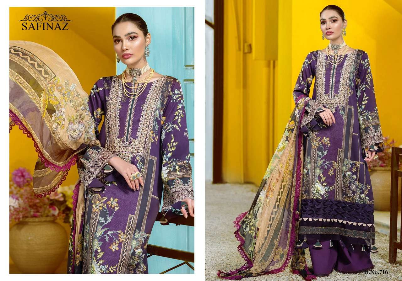 FIRDOUS VOL-7 BY SAFINAZ 713 TO 716 SERIES BEAUTIFUL PAKISTANI SUITS STYLISH FANCY COLORFUL PARTY WEAR & OCCASIONAL WEAR PURE COTTON WITH EMBROIDERY DRESSES AT WHOLESALE PRICE