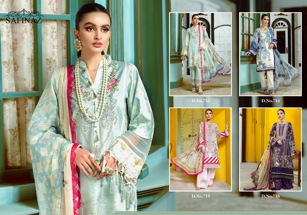 FIRDOUS VOL-7 BY SAFINAZ 713 TO 716 SERIES BEAUTIFUL PAKISTANI SUITS STYLISH FANCY COLORFUL PARTY WEAR & OCCASIONAL WEAR PURE COTTON WITH EMBROIDERY DRESSES AT WHOLESALE PRICE