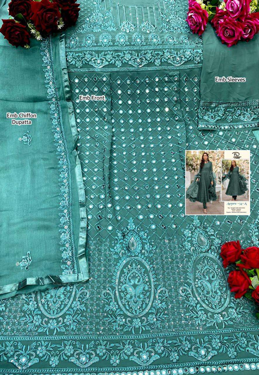 AAYARA 34 COLOURS BY LAAIBAH DESIGNER 34-A TO 34-D SERIES BEAUTIFUL STYLISH PAKISATNI SUITS FANCY COLORFUL CASUAL WEAR & ETHNIC WEAR & READY TO WEAR FAUX GEORGETTE WITH EMBROIDERY DRESSES AT WHOLESALE PRICE