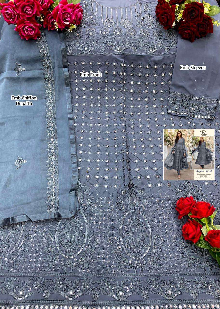 AAYARA 34 COLOURS BY LAAIBAH DESIGNER 34-A TO 34-D SERIES BEAUTIFUL STYLISH PAKISATNI SUITS FANCY COLORFUL CASUAL WEAR & ETHNIC WEAR & READY TO WEAR FAUX GEORGETTE WITH EMBROIDERY DRESSES AT WHOLESALE PRICE