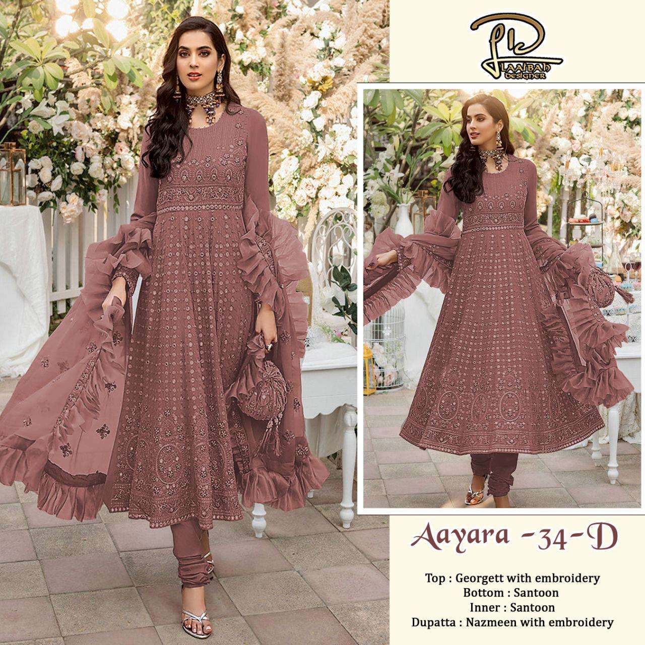 AAYARA 34 COLOURS BY LAAIBAH DESIGNER 34-A TO 34-D SERIES BEAUTIFUL STYLISH PAKISATNI SUITS FANCY COLORFUL CASUAL WEAR & ETHNIC WEAR & READY TO WEAR FAUX GEORGETTE WITH EMBROIDERY DRESSES AT WHOLESALE PRICE