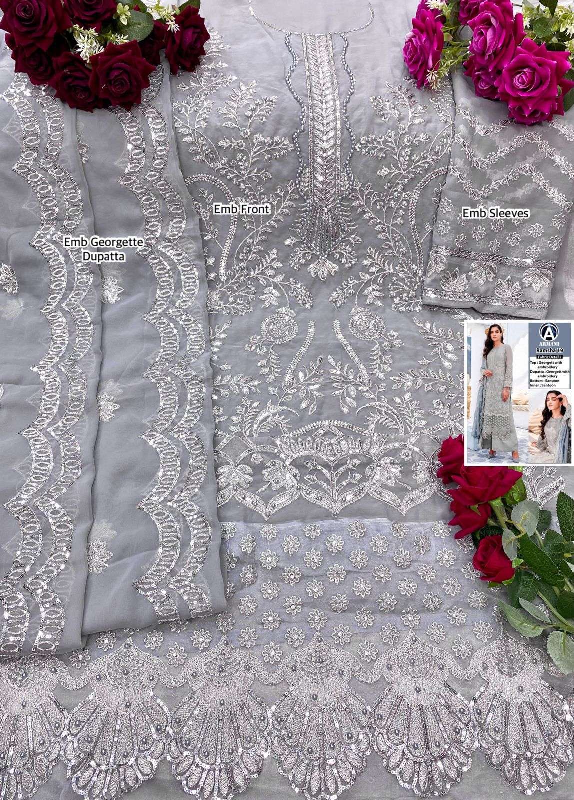RAMSHA 19 BY ARMANI PAKISTANI SUITS BEAUTIFUL FANCY COLORFUL STYLISH PARTY WEAR & OCCASIONAL WEAR FAUX GEORGETTE WITH EMBROIDERY DRESSES AT WHOLESALE PRICE