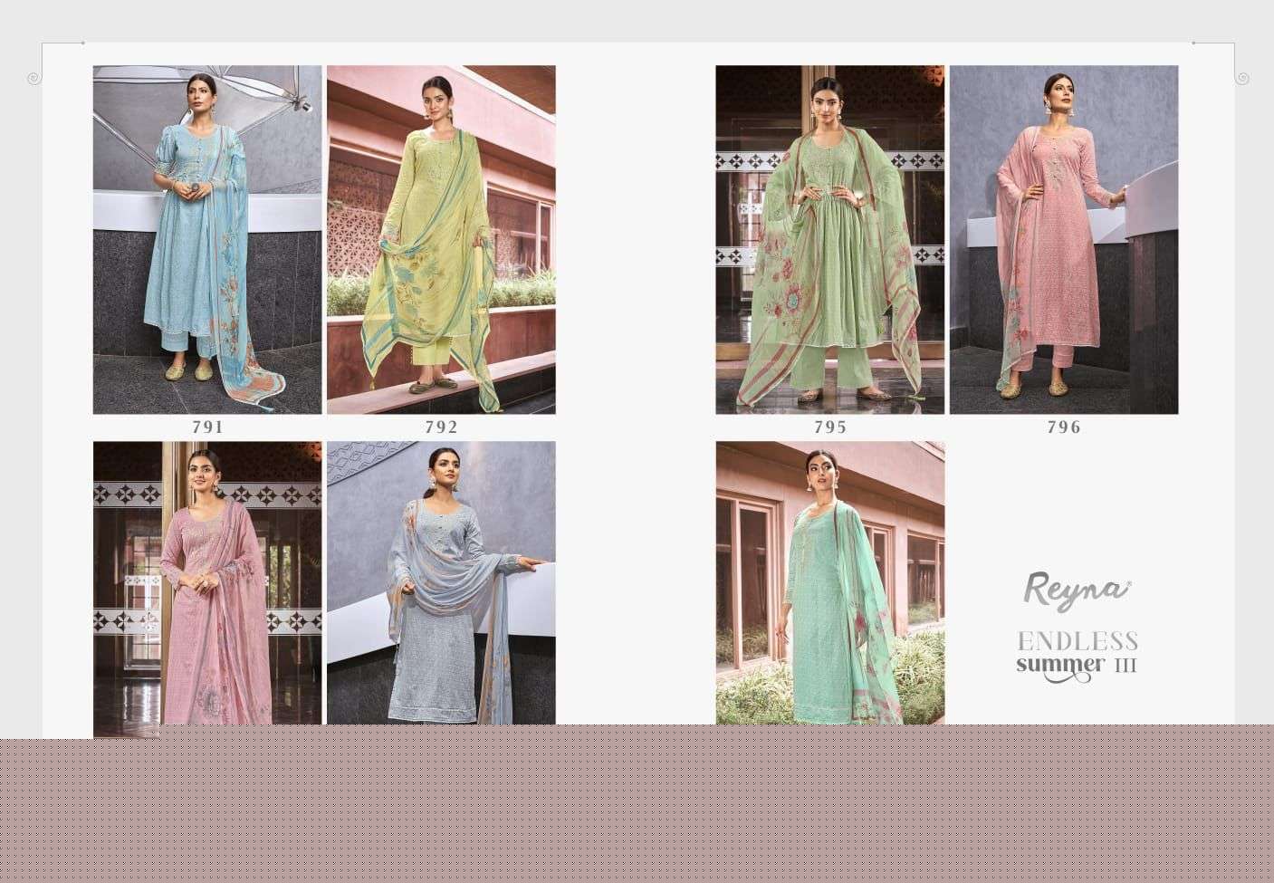 ENDLESS SUMMER VOL-3 BY REYNA 791 TO 797 SERIES BEAUTIFUL SUITS COLORFUL STYLISH FANCY CASUAL WEAR & ETHNIC WEAR PREMIUM COTTON PRINT DRESSES AT WHOLESALE PRICE