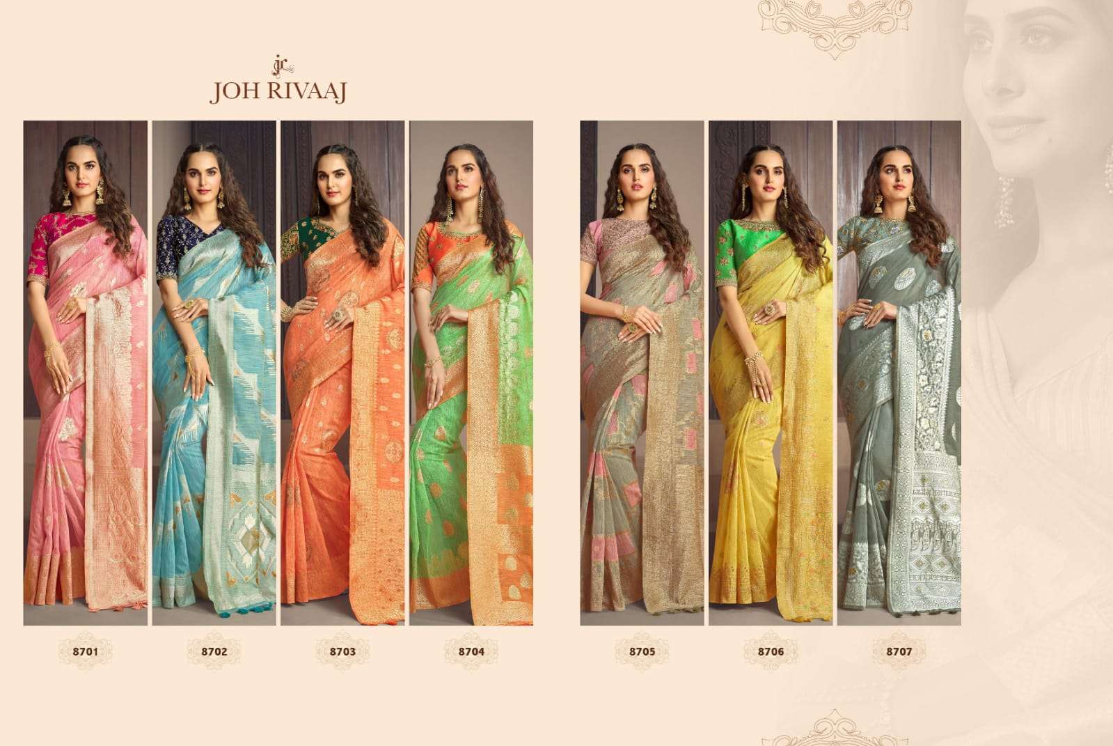 Bunai Vol-3 By Joh Rivaaj 8701 To 8707 Series Indian Traditional Wear Collection Beautiful Stylish Fancy Colorful Party Wear & Occasional Wear Silk Sarees At Wholesale Price