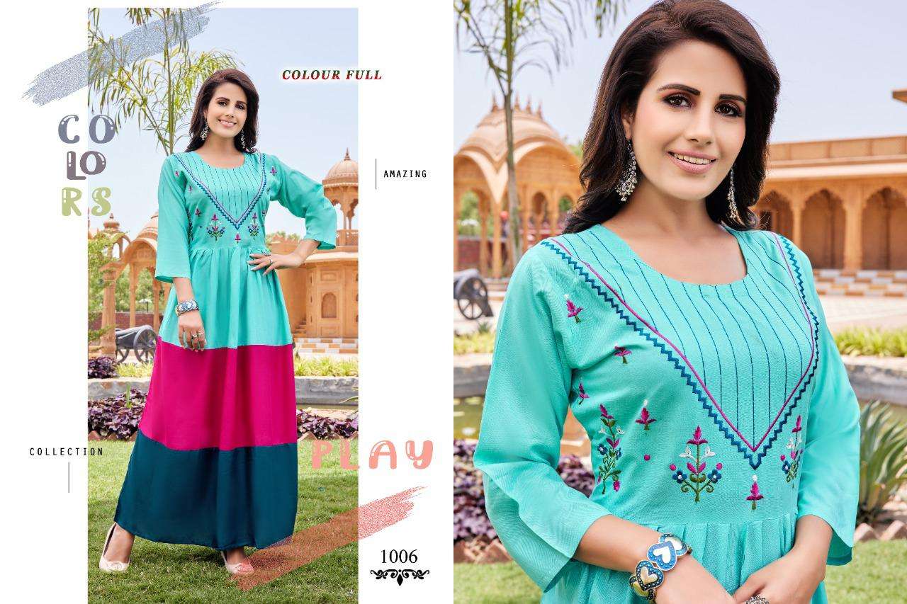 COLOUR FULL BY AKHAND JYOT 1001 TO 1008 SERIES BEAUTIFUL STYLISH FANCY COLORFUL CASUAL WEAR & ETHNIC WEAR RAYON EMBROIDERED GOWNS AT WHOLESALE PRICE
