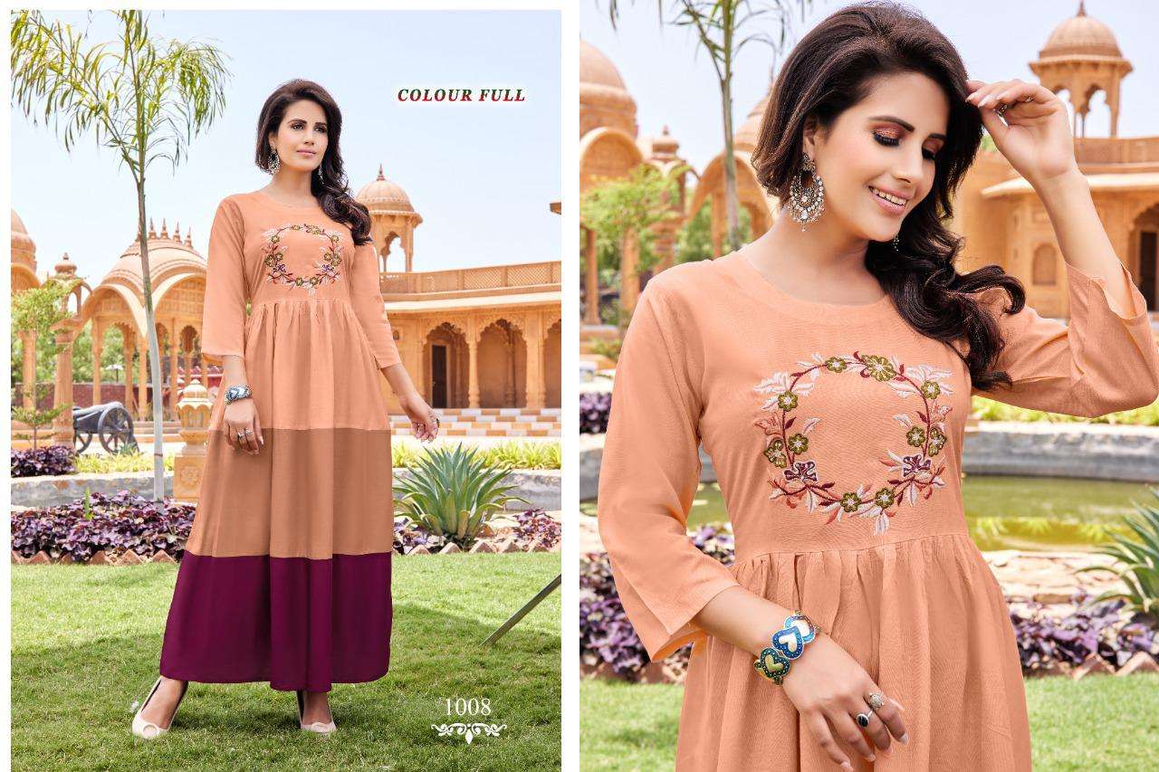 COLOUR FULL BY AKHAND JYOT 1001 TO 1008 SERIES BEAUTIFUL STYLISH FANCY COLORFUL CASUAL WEAR & ETHNIC WEAR RAYON EMBROIDERED GOWNS AT WHOLESALE PRICE