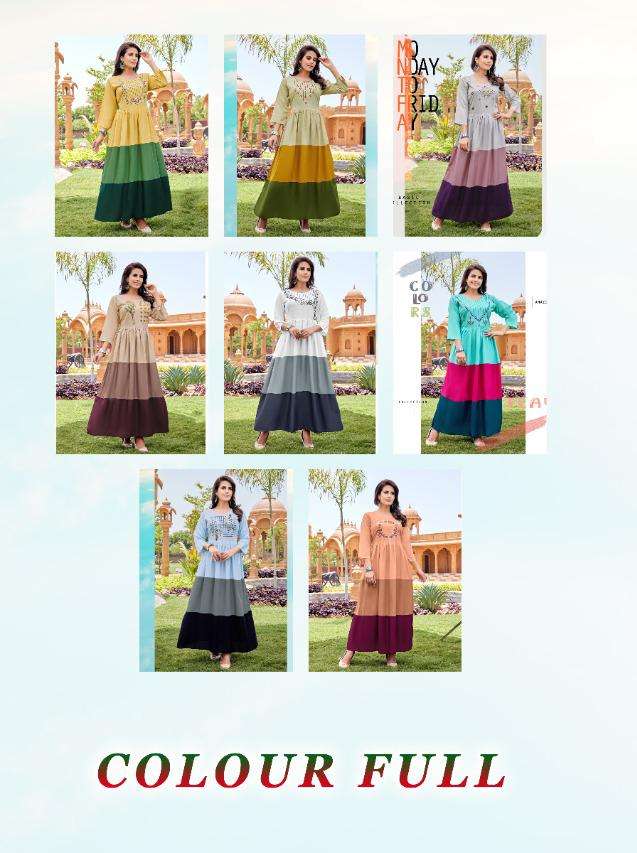 COLOUR FULL BY AKHAND JYOT 1001 TO 1008 SERIES BEAUTIFUL STYLISH FANCY COLORFUL CASUAL WEAR & ETHNIC WEAR RAYON EMBROIDERED GOWNS AT WHOLESALE PRICE