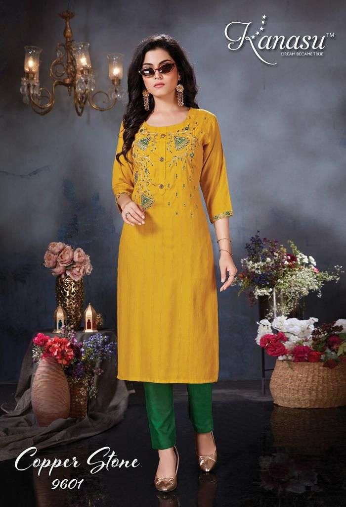 COPPER STONE BY KANASU 9601 TO 9608 SERIES DESIGNER STYLISH FANCY COLORFUL BEAUTIFUL PARTY WEAR & ETHNIC WEAR COLLECTION VISCOSE RAYON EMBROIDERED KURTIS WITH BOTTOM AT WHOLESALE PRICE