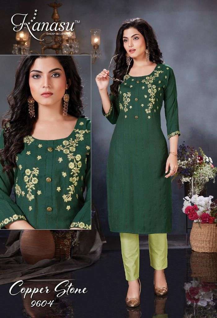 COPPER STONE BY KANASU 9601 TO 9608 SERIES DESIGNER STYLISH FANCY COLORFUL BEAUTIFUL PARTY WEAR & ETHNIC WEAR COLLECTION VISCOSE RAYON EMBROIDERED KURTIS WITH BOTTOM AT WHOLESALE PRICE