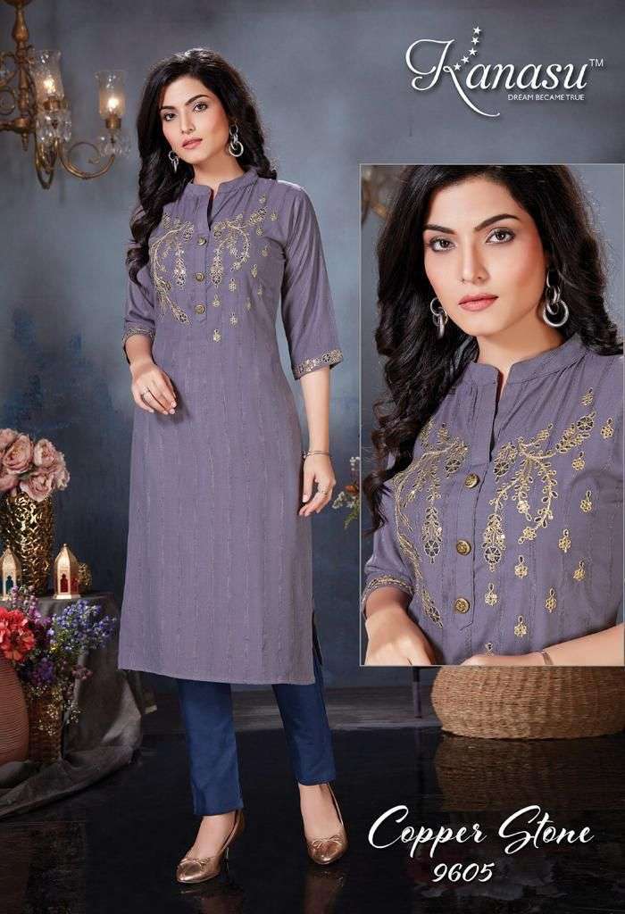 COPPER STONE BY KANASU 9601 TO 9608 SERIES DESIGNER STYLISH FANCY COLORFUL BEAUTIFUL PARTY WEAR & ETHNIC WEAR COLLECTION VISCOSE RAYON EMBROIDERED KURTIS WITH BOTTOM AT WHOLESALE PRICE
