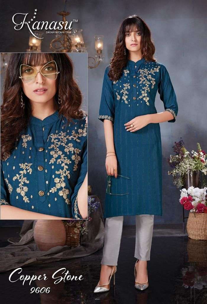 COPPER STONE BY KANASU 9601 TO 9608 SERIES DESIGNER STYLISH FANCY COLORFUL BEAUTIFUL PARTY WEAR & ETHNIC WEAR COLLECTION VISCOSE RAYON EMBROIDERED KURTIS WITH BOTTOM AT WHOLESALE PRICE