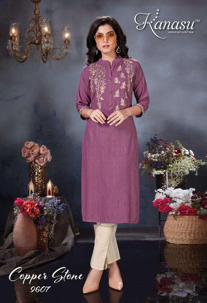 COPPER STONE BY KANASU 9601 TO 9608 SERIES DESIGNER STYLISH FANCY COLORFUL BEAUTIFUL PARTY WEAR & ETHNIC WEAR COLLECTION VISCOSE RAYON EMBROIDERED KURTIS WITH BOTTOM AT WHOLESALE PRICE