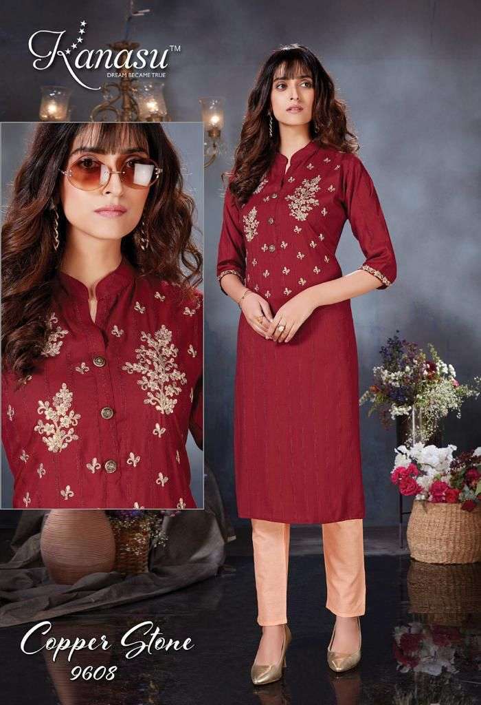 COPPER STONE BY KANASU 9601 TO 9608 SERIES DESIGNER STYLISH FANCY COLORFUL BEAUTIFUL PARTY WEAR & ETHNIC WEAR COLLECTION VISCOSE RAYON EMBROIDERED KURTIS WITH BOTTOM AT WHOLESALE PRICE
