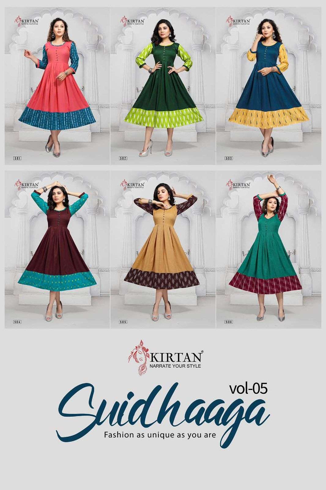 SUIDHAAGA VOL-5 BY KIRTAN 501 TO 506 SERIES DESIGNER STYLISH FANCY COLORFUL BEAUTIFUL PARTY WEAR & ETHNIC WEAR COLLECTION RAYON PRINT KURTIS AT WHOLESALE PRICE