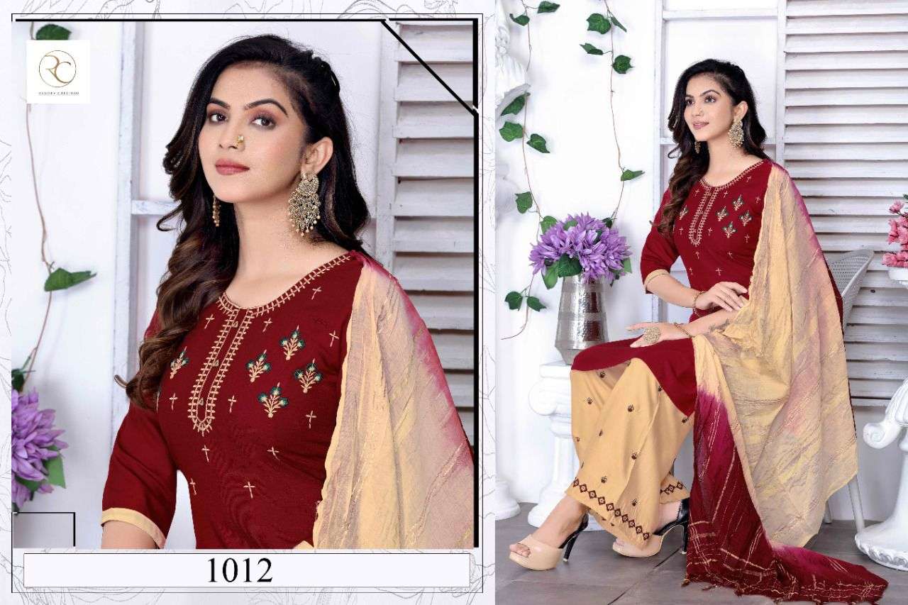 KESARIYA VOL-1 BY RAMDEV CREATION 1011 TO 1018 SERIES BEAUTIFUL SUITS COLORFUL STYLISH FANCY CASUAL WEAR & ETHNIC WEAR RAYON EMBROIDERED DRESSES AT WHOLESALE PRICE