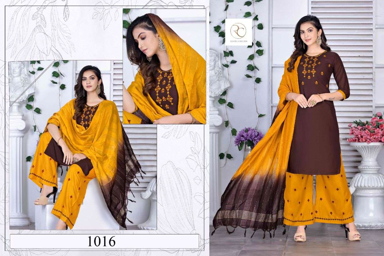 KESARIYA VOL-1 BY RAMDEV CREATION 1011 TO 1018 SERIES BEAUTIFUL SUITS COLORFUL STYLISH FANCY CASUAL WEAR & ETHNIC WEAR RAYON EMBROIDERED DRESSES AT WHOLESALE PRICE