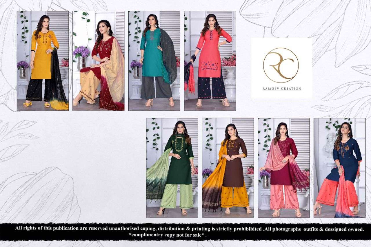 KESARIYA VOL-1 BY RAMDEV CREATION 1011 TO 1018 SERIES BEAUTIFUL SUITS COLORFUL STYLISH FANCY CASUAL WEAR & ETHNIC WEAR RAYON EMBROIDERED DRESSES AT WHOLESALE PRICE