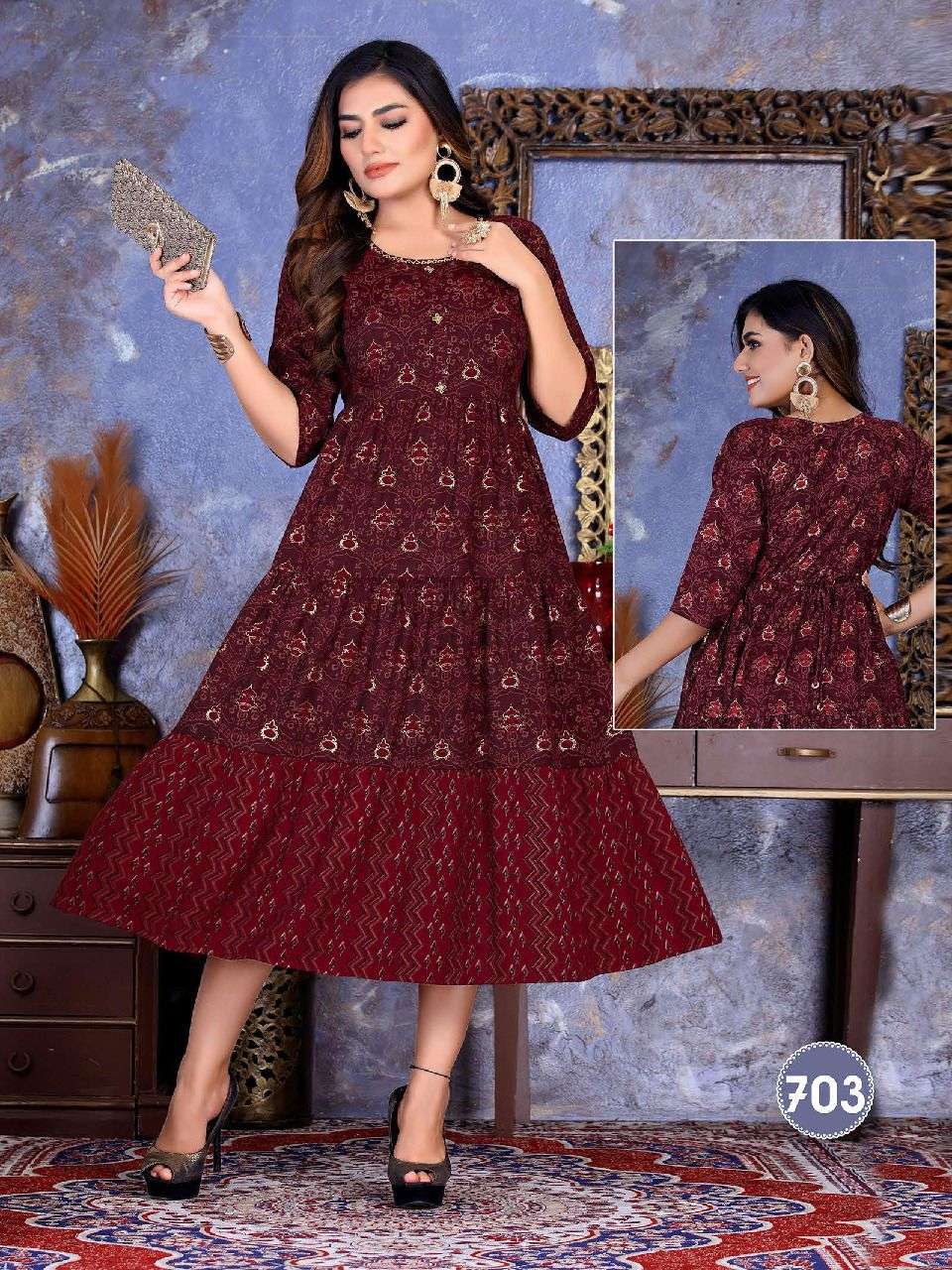 FLORA BY SAADGI 701 TO 706 SERIES DESIGNER STYLISH FANCY COLORFUL BEAUTIFUL PARTY WEAR & ETHNIC WEAR COLLECTION PURE RAYON KURTIS AT WHOLESALE PRICE