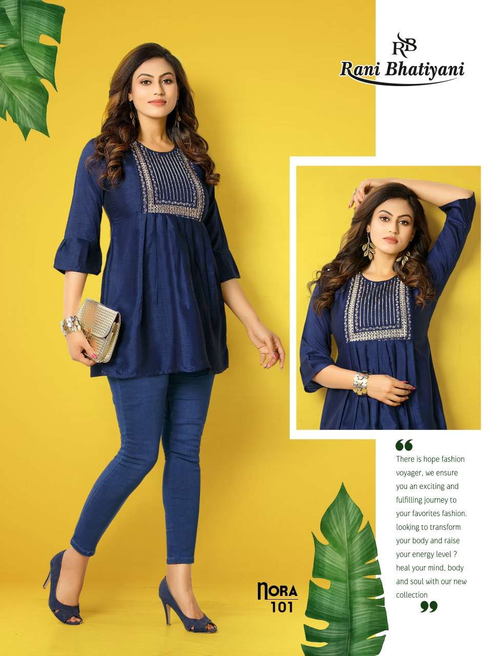 NORA BY RANI BHATIYANI 101 TO 106 SERIES BEAUTIFUL STYLISH FANCY COLORFUL CASUAL WEAR & ETHNIC WEAR RAYON WITH WORK TOPS AT WHOLESALE PRICE