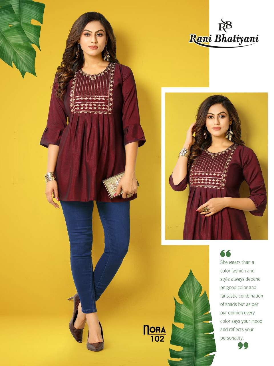 NORA BY RANI BHATIYANI 101 TO 106 SERIES BEAUTIFUL STYLISH FANCY COLORFUL CASUAL WEAR & ETHNIC WEAR RAYON WITH WORK TOPS AT WHOLESALE PRICE