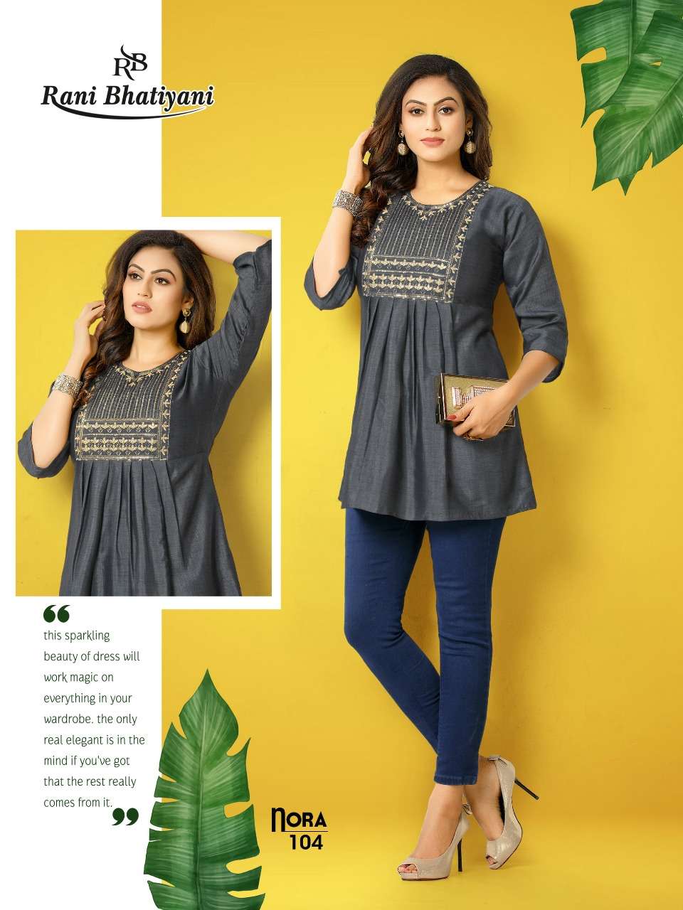 NORA BY RANI BHATIYANI 101 TO 106 SERIES BEAUTIFUL STYLISH FANCY COLORFUL CASUAL WEAR & ETHNIC WEAR RAYON WITH WORK TOPS AT WHOLESALE PRICE