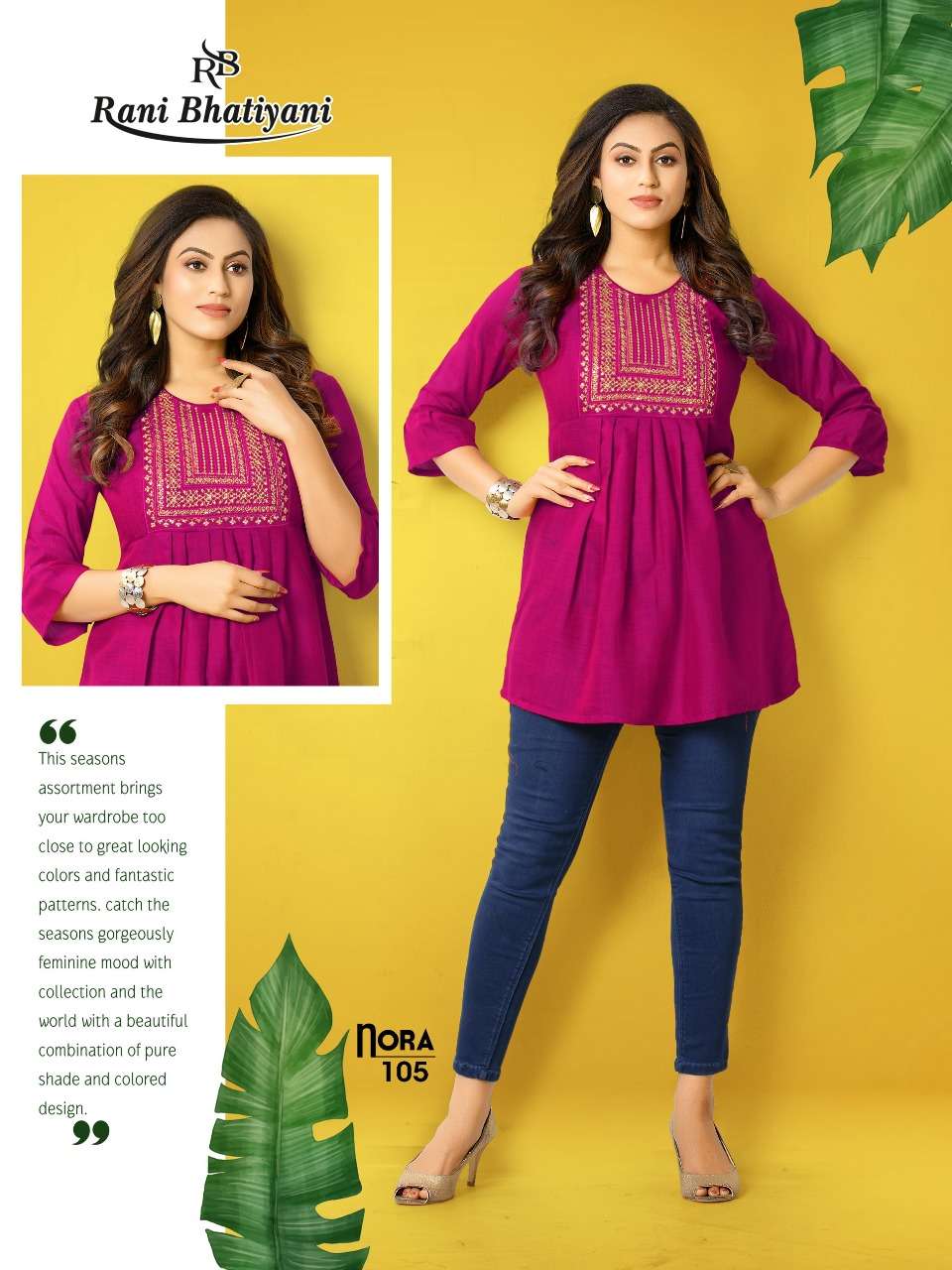 NORA BY RANI BHATIYANI 101 TO 106 SERIES BEAUTIFUL STYLISH FANCY COLORFUL CASUAL WEAR & ETHNIC WEAR RAYON WITH WORK TOPS AT WHOLESALE PRICE