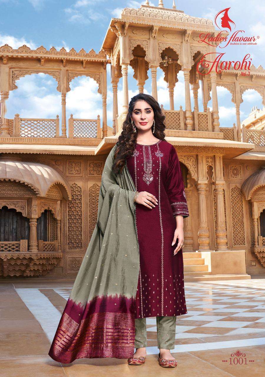 Aarohi Vol-7 By Ladies Flavour 1001 To 1006 Series Beautiful Suits Stylish Fancy Colorful Casual Wear & Ethnic Wear Chinnon Embroidered Dresses At Wholesale Price